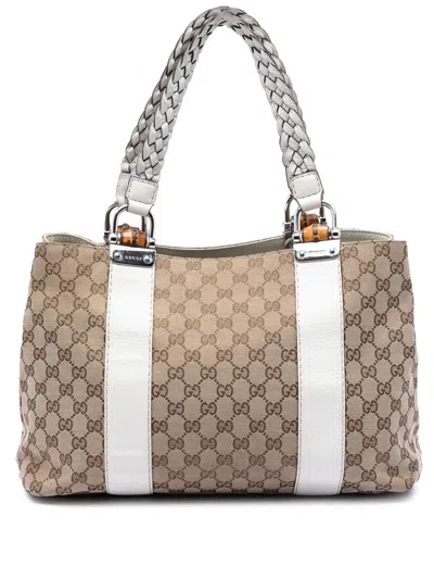 Pre-owned Gucci 2016-2025 Medium Gg Canvas Bamboo Libeccio Tote Bag In Brown