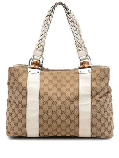 Pre-owned Gucci 2016-2025 Medium Gg Canvas Bamboo Libeccio Tote Bag In Neutral