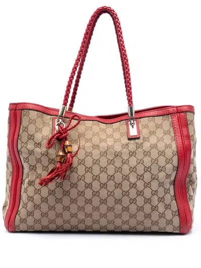 Pre-owned Gucci 2016-2025 Medium Gg Canvas Bella Tote Bag In Red