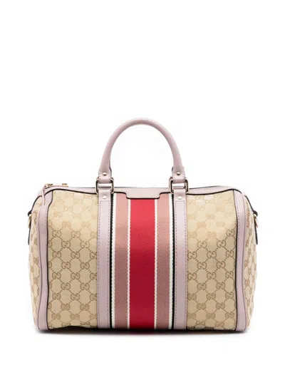 Pre-owned Gucci 2016-2025 Medium Gg Canvas Web Joy Boston Bag Satchel In Brown