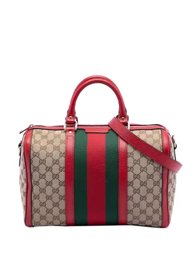 Pre-owned Gucci 2016-2025 Medium Gg Canvas Web Joy Boston Bag Satchel In Red