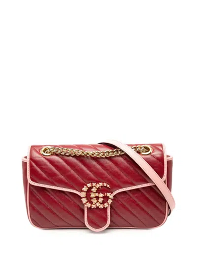 Pre-owned Gucci 2016-2025 Medium Gg Marmont Matelasse Diagonal Leather Torchon Shoulder Bag In Red