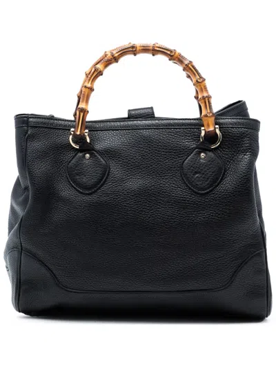 Pre-owned Gucci 2016-2025 Medium Leather Bamboo Diana Tote Bag In Black