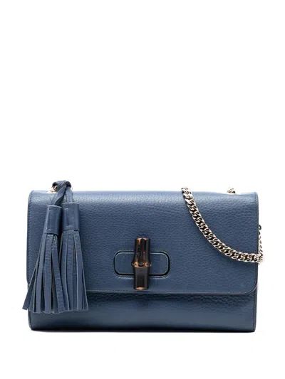 Pre-owned Gucci 2016-2025 Medium Leather Miss Bamboo Crossbody Bag In Blue