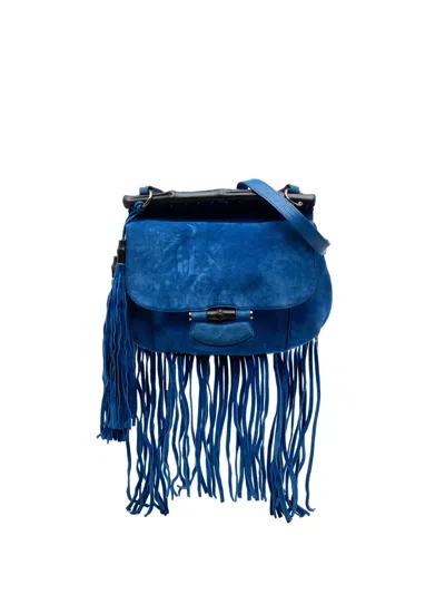 Pre-owned Gucci 2016-2025 Medium Suede Bamboo Nouveau Fringe Crossbody Bag In Blue
