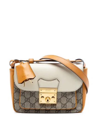 Pre-owned Gucci 2016-2025 Mini Gg Supreme And Calfskin Padlock Flap Pocket Satchel In Brown