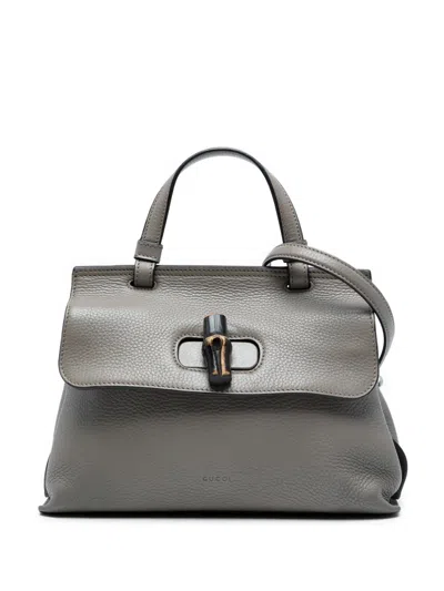 Pre-owned Gucci 2016-2025 Small Leather Bamboo Daily Satchel In Gray