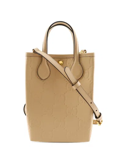 Pre-owned Gucci 2016-2025 Super Mini Gg Debossed Leather Satchel In Neutral