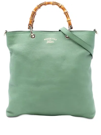 Pre-owned Gucci 2016-2025 Tall Leather Bamboo Shopper Tote Satchel In Green