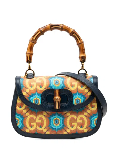 Pre-owned Gucci 2016-2026 100th Anniversary Medium Gg Coated Canvas Kaleidoscope 1947 Bamboo Top Handle Bag Satchel In Blue
