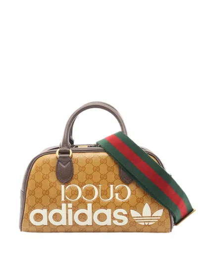Pre-owned Gucci 2016-2026 Adidas Mini Gg Crystal Logo Web Duffle Bag Satchel In Neutrals