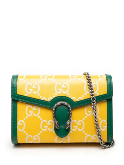 Pre-owned Gucci 2016-2026 Bicolor Gg Embossed Calfskin Dionysus Wallet On Chain Crossbody Bag In Green