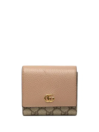Pre-owned Gucci 2016-2026 Bicolor Gg Marmont Calfskin And Gg Supreme Wallet Small Wallets In Neutrals