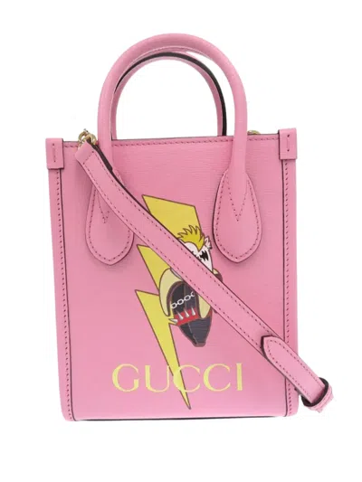 Pre-owned Gucci 2016-2026 Bnf Mini Textured Dollar Calfskin Bananya Print Vertical Tote Satchel In Pink