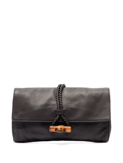 Pre-owned Gucci 2016-2026 Calfskin Bamboo Hip Clutch Bag In Brown