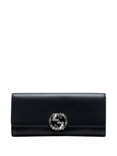 Pre-owned Gucci 2016-2026 Calfskin Crystals Broadway Clutch Bag In Black