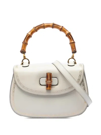 Pre-owned Gucci 2016-2026 Calfskin Frame Print Bamboo Top Handle Bag Satchel In White