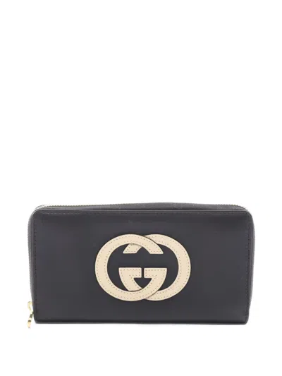 Pre-owned Gucci 2016-2026 Calfskin Interlocking G Wallet Long Wallets In Black