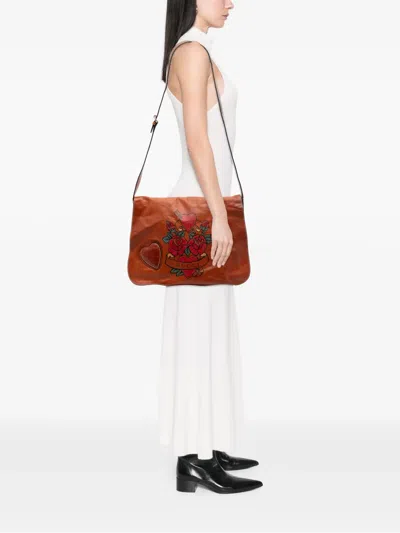 Pre-owned Gucci 2016-2026 Calfskin Tattoo Heart Tribeca Crossbody Bag In Brown