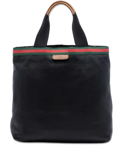 Pre-owned Gucci 2016-2026 Calfskin Web Tote Bag In Black