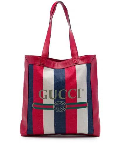 Pre-owned Gucci 2016-2026 Canvas Baiadera Striped Tote Bag In Red
