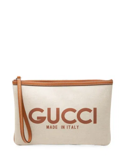 Pre-owned Gucci 2016-2026 Canvas Logo Clutch Bag In Neutrals