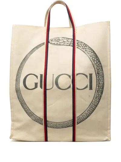 Pre-owned Gucci 2016-2026 Canvas Ouroboros Vertical Tote Bag In Neutrals