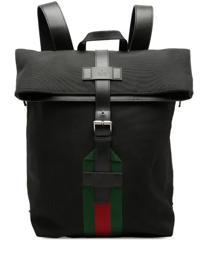 Pre-owned Gucci 2016-2026 Canvas Techno Web Fold Over Backpack In Black