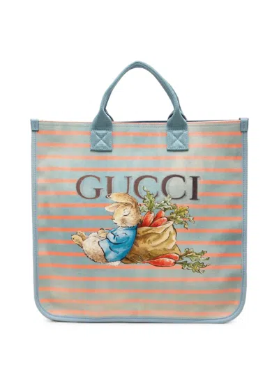 Pre-owned Gucci 2016-2026 Childrens Striped Canvas Peter Rabbit Tote Bag In Blue