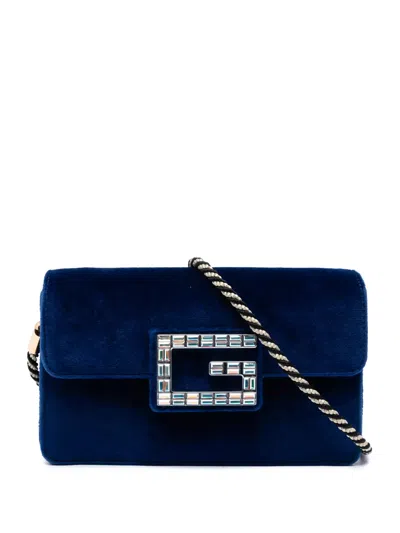 Pre-owned Gucci 2016-2026 Crystal G Velvet Broadway Crossbody Bag In Blue