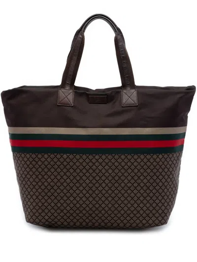 Pre-owned Gucci 2016-2026 Diamante Nylon Web Tote Bag In Brown