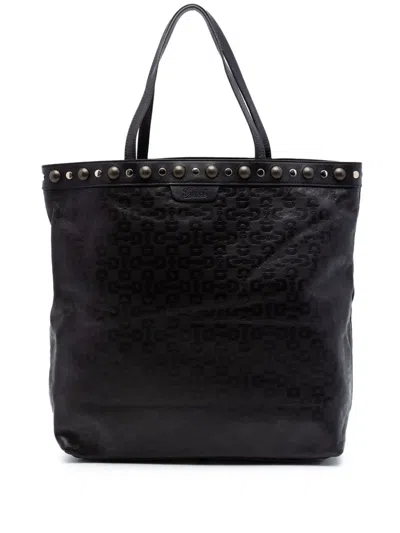 Pre-owned Gucci 2016-2026 Embossed Studded Leather Horsebit Tote Bag In Black