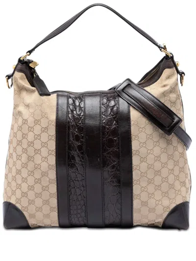 Pre-owned Gucci 2016-2026 Gg Canvas And Crocodile Embossed Calfskin Secret Satchel In Neutral