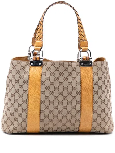 Pre-owned Gucci 2016-2026 Gg Canvas Bamboo Libeccio Tote Bag In Neutral