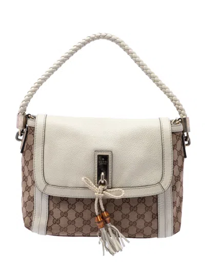 Pre-owned Gucci 2016-2026 Gg Canvas Bella Flap Satchel In Neutrals