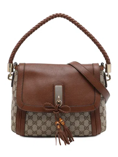 Pre-owned Gucci 2016-2026 Gg Canvas Bella Flap Satchel In Neutrals