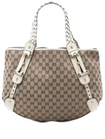 Pre-owned Gucci 2016-2026 Gg Canvas Horsebit Pelham Shoulder Bag In White