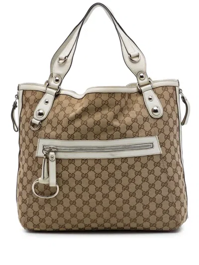 Pre-owned Gucci 2016-2026 Gg Canvas Icon Bit Zip Tote Bag In Neutrals