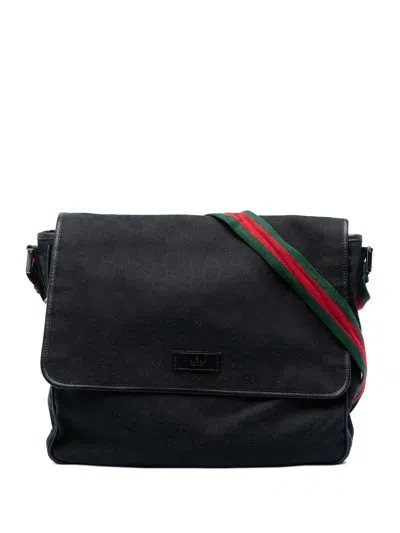 Pre-owned Gucci 2016-2026 Gg Canvas Web Flap Messenger Bag Crossbody Bag In Black