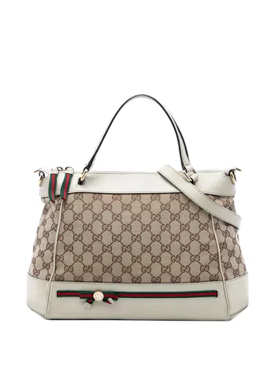 Pre-owned Gucci 2016-2026 Gg Canvas Web Mayfair Satchel In Neutral