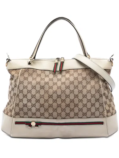 Pre-owned Gucci 2016-2026 Gg Canvas Web Mayfair Satchel In Neutral