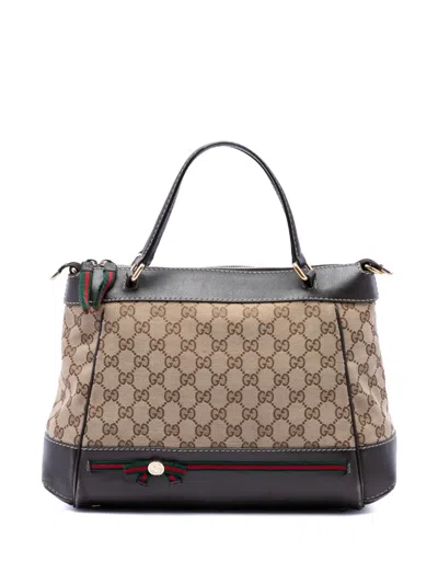 Pre-owned Gucci 2016-2026 Gg Canvas Web Mayfair Satchel In Neutrals