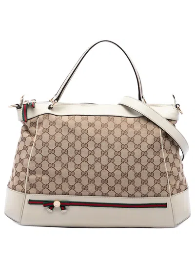 Pre-owned Gucci 2016-2026 Gg Canvas Web Mayfair Satchel In Neutrals
