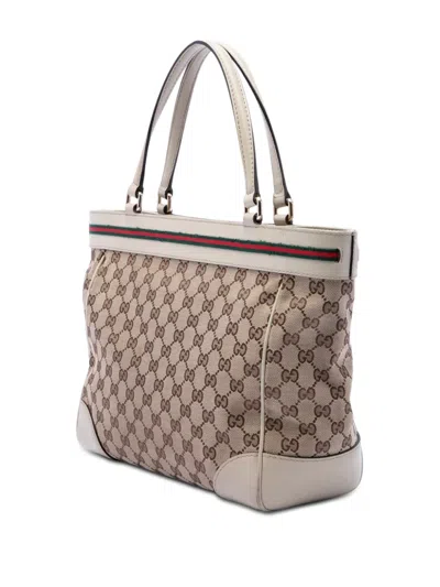 Pre-owned Gucci 2016-2026 Gg Canvas Web Mayfair Tote Bag In Neutral