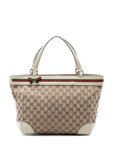 Pre-owned Gucci 2016-2026 Gg Canvas Web Mayfair Tote Bag In Neutrals