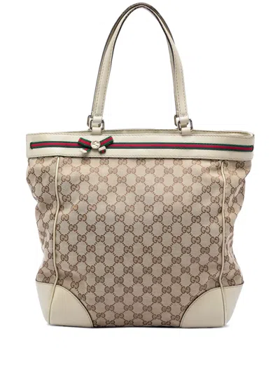 Pre-owned Gucci 2016-2026 Gg Canvas Web Mayfair Tote Bag In Neutrals