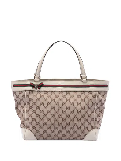 Pre-owned Gucci 2016-2026 Gg Canvas Web Mayfair Tote Bag In White