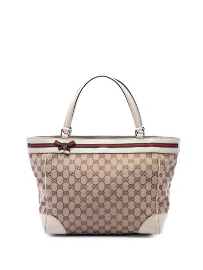Pre-owned Gucci 2016-2026 Gg Canvas Web Mayfair Tote Bag In White