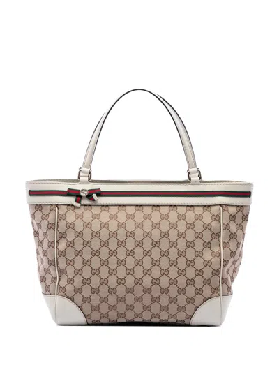 Pre-owned Gucci 2016-2026 Gg Canvas Web Mayfair Tote Bag In White