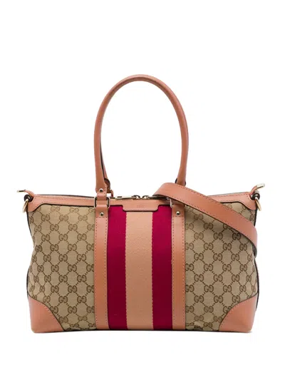 Pre-owned Gucci 2016-2026 Gg Canvas Web Satchel In Neutrals